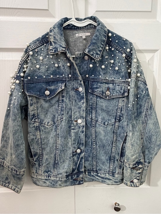 Vervet Jackets & Blazers - Veveret Pearl Rhinestone Embellished Acid Wash Denim Jacket Small Oversized Glam